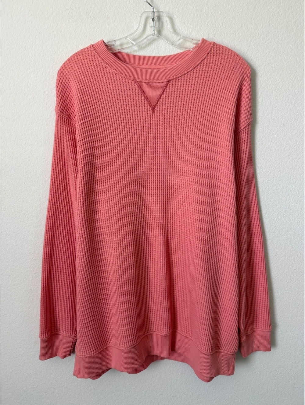 AERIE Long Sleeve Crew Neck Peach Pink Waffle Knit Pullover Shirt Women's Size M